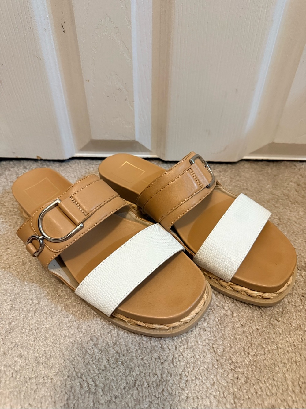 Dolce Vita Tan and White Slide Sandals with Buckle Accent